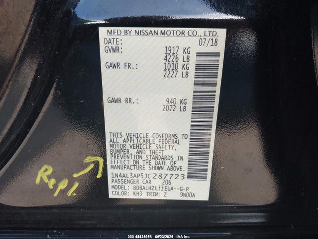 2018 Nissan Altima 2.5 Sr მანქანა იყიდება აუქციონზე, vin: 1N4AL3AP5JC287723, აუქციონის ნომერი: 45435958