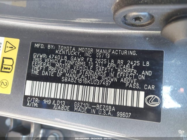 Aukcja sprzedaży 2019 Lexus Es 350, vin: 58ABZ1B16KU037497, numer aukcji: 45435968