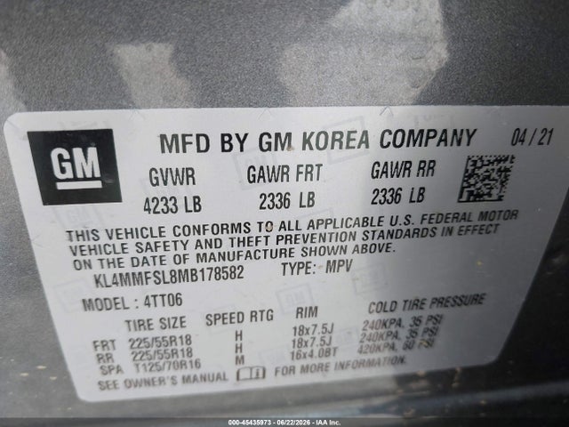 45435973 :رقم المزاد ، KL4MMFSL8MB178582 vin ، 2021 Buick Encore Gx Fwd Essence مزاد بيع