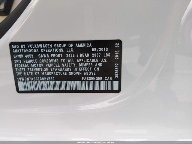 1VWCN7A33EC021539 Volkswagen Passat 2.0l Tdi Sel Premium