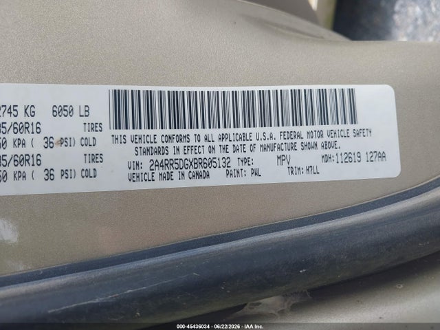 2011 Chrysler Town & Country Touring მანქანა იყიდება აუქციონზე, vin: 2A4RR5DGXBR605132, აუქციონის ნომერი: 45436034