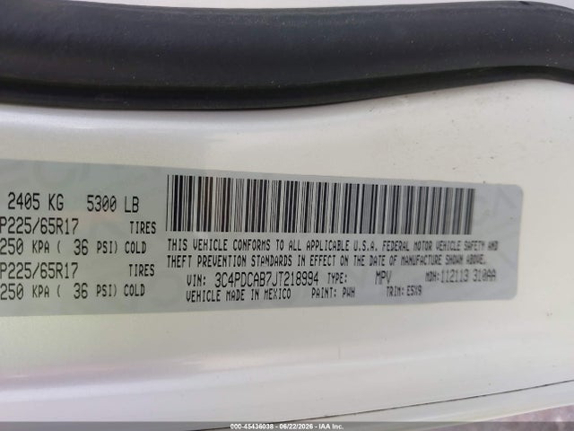 45436038 :رقم المزاد ، 3C4PDCAB7JT218994 vin ، 2018 Dodge Journey Se مزاد بيع