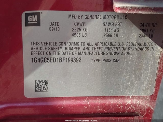 45436040 :رقم المزاد ، 1G4GC5ED1BF199392 vin ، 2011 Buick Lacrosse Cxl مزاد بيع