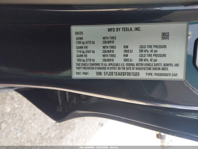 5YJ3E1EAXSF061589 Tesla Model 3 Long Range Rear-wheel Drive/standard Rear-wheel Drive