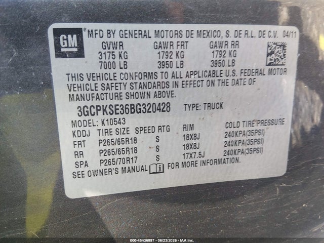 Aukcja sprzedaży 2011 Chevrolet Silverado 1500 Lt, vin: 3GCPKSE36BG320428, numer aukcji: 45436097