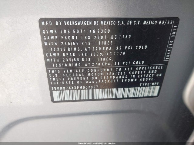 Aukcja sprzedaży 2023 Volkswagen Tiguan 2.0t Se, vin: 3VVMB7AXXPM007997, numer aukcji: 45436132