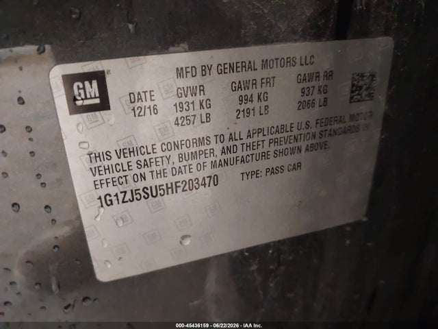 Aukcja sprzedaży 2017 Chevrolet Malibu Hybrid, vin: 1G1ZJ5SU5HF203470, numer aukcji: 45436159