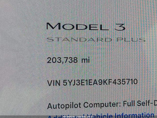 2019 Tesla Model 3 Long Range/mid Range/standard Range/standard Range Plus მანქანა იყიდება აუქციონზე, vin: 5YJ3E1EA9KF435710, აუქციონის ნომერი: 45436163