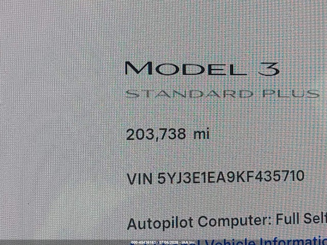 2019 Tesla Model 3 Long Range/mid Range/standard Range/standard Range Plus მანქანა იყიდება აუქციონზე, vin: 5YJ3E1EA9KF435710, აუქციონის ნომერი: 45436163