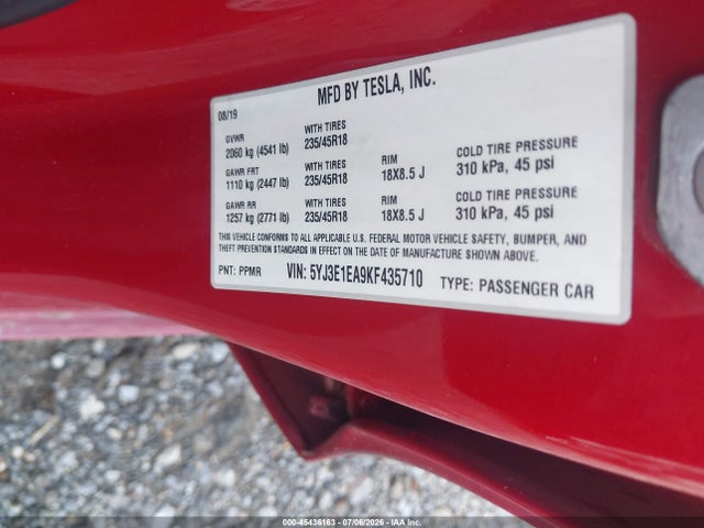 2019 Tesla Model 3 Long Range/mid Range/standard Range/standard Range Plus მანქანა იყიდება აუქციონზე, vin: 5YJ3E1EA9KF435710, აუქციონის ნომერი: 45436163