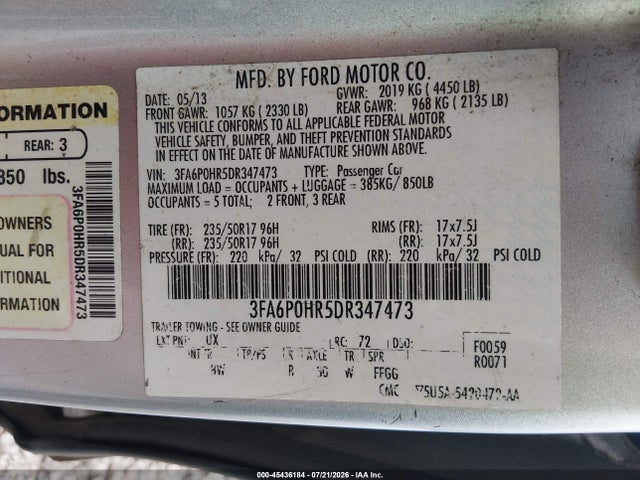 45436184 :رقم المزاد ، 3FA6P0HR5DR347473 vin ، 2013 Ford Fusion Se مزاد بيع