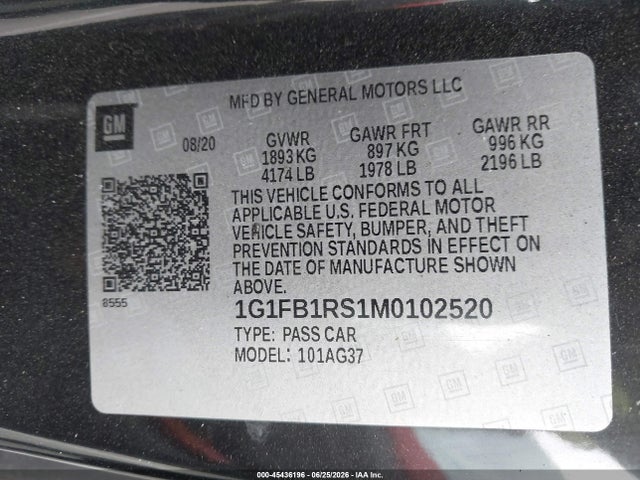 1G1FB1RS1M0102520 Chevrolet Camaro Rwd 1lt