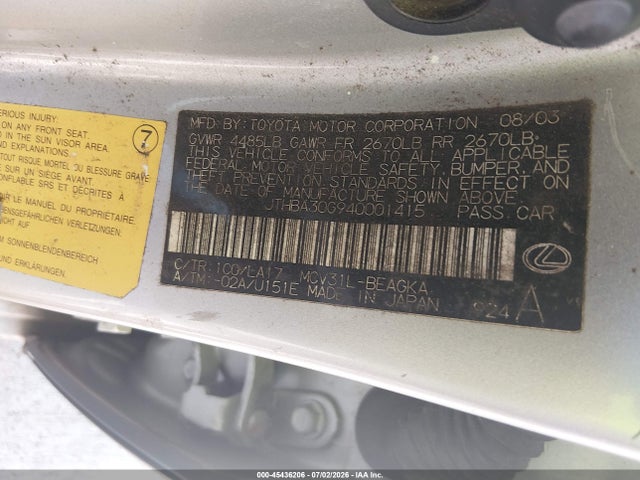 Aukcja sprzedaży 2004 Lexus Es 330, vin: JTHBA30G940001415, numer aukcji: 45436206