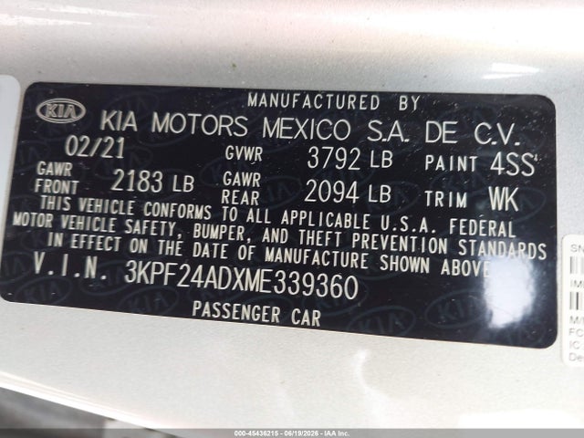 Продаж на аукціоні авто 2021 Kia Forte Lxs, vin: 3KPF24ADXME339360, номер лоту: 45436215