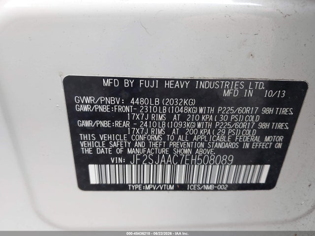 2014 Subaru Forester 2.5i მანქანა იყიდება აუქციონზე, vin: JF2SJAAC7EH508089, აუქციონის ნომერი: 45436218