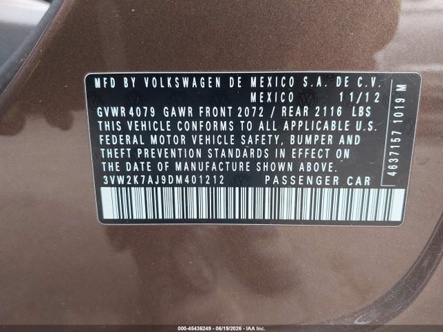2013 Volkswagen Jetta 2.0l S მანქანა იყიდება აუქციონზე, vin: 3VW2K7AJ9DM401212, აუქციონის ნომერი: 45436249