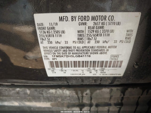 Aukcja sprzedaży 2020 Ford Explorer Xlt, vin: 1FMSK7DH5LGB41116, numer aukcji: 45436263