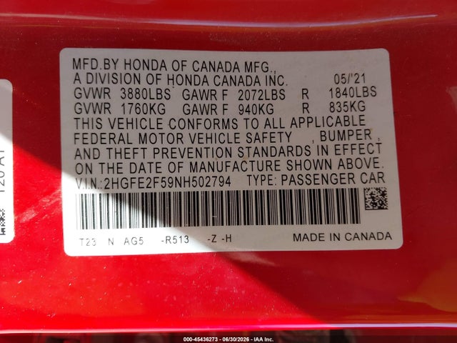 2HGFE2F59NH502794 Honda Civic Sport