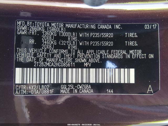 Auction sale of the 2017 Lexus Rx 350, vin: 2T2BZMCA2HC085611, lot number: 45436278