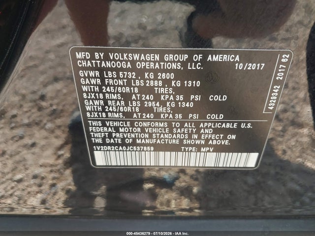 1V2DR2CA0JC537859 Volkswagen Atlas 3.6l V6 Se/3.6l V6 Se W/technology
