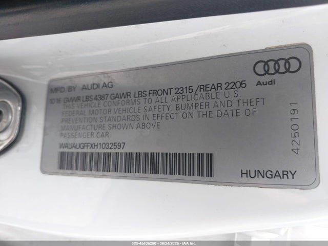 45436280 :رقم المزاد ، WAUAUGFFXH1032597 vin ، 2017 Audi A3 Premium مزاد بيع