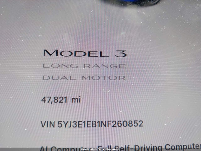 45436292 :رقم المزاد ، 5YJ3E1EB1NF260852 vin ، 2022 Tesla Model 3 Long Range Dual Motor All-wheel Drive مزاد بيع