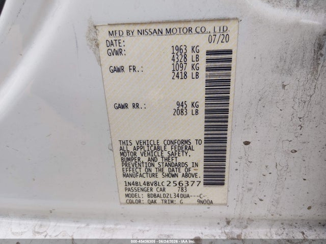 1N4BL4BV8LC256377 Nissan Altima S Fwd
