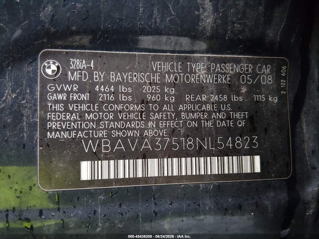 2008 Bmw 328i მანქანა იყიდება აუქციონზე, vin: WBAVA37518NL54823, აუქციონის ნომერი: 45436308