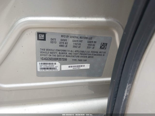 Auction sale of the 2013 Buick Lacrosse Leather Group, vin: 1G4GC5E33DF257299, lot number: 45436315