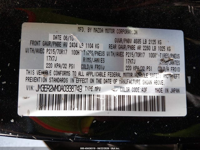 Aukcja sprzedaży 2010 Mazda Cx-7 I Sv, vin: JM3ER2WM0A0338749, numer aukcji: 45436319