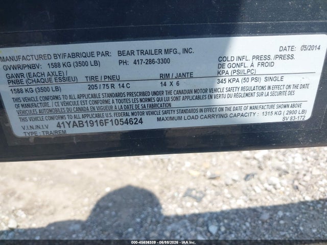 Продаж на аукціоні авто 2015 Bear Boat Trailer, vin: 41YAB1916F1054624, номер лоту: 45436339