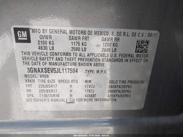 45436354 :رقم المزاد ، 3GNAXSEV5JL117584 vin ، 2018 Chevrolet Equinox Lt مزاد بيع
