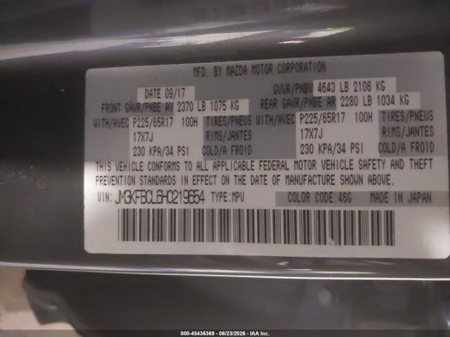 Aukcja sprzedaży 2017 Mazda Cx-5 Touring, vin: JM3KFBCL6H0219654, numer aukcji: 45436369