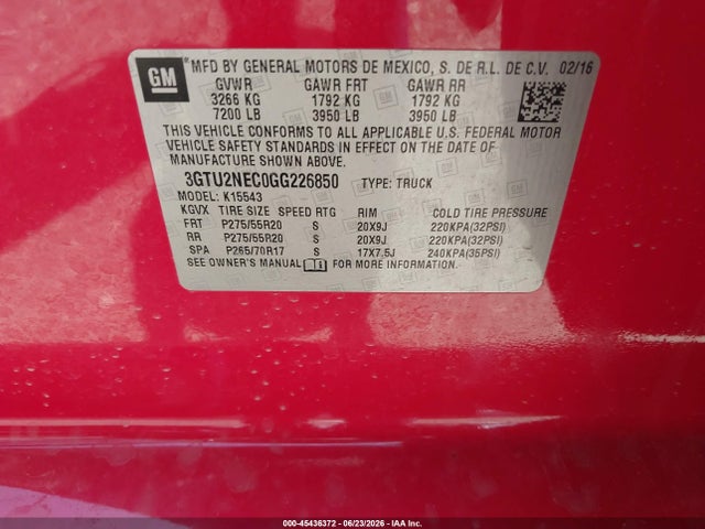 Продажа на аукционе авто 2016 Gmc Sierra 1500 Slt, vin: 3GTU2NEC0GG226850, номер лота: 45436372