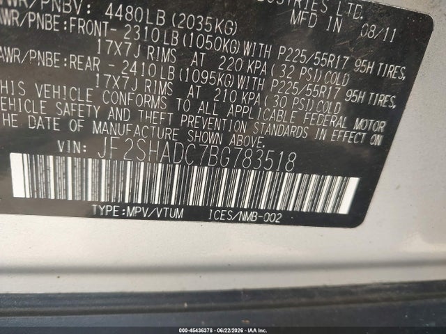 Продаж на аукціоні авто 2011 Subaru Forester 2.5x Premium, vin: JF2SHADC7BG783518, номер лоту: 45436378