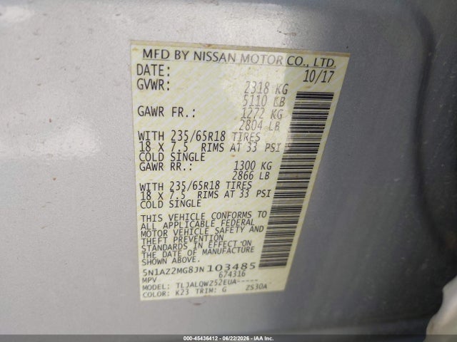 2018 Nissan Murano Sv მანქანა იყიდება აუქციონზე, vin: 5N1AZ2MG8JN103485, აუქციონის ნომერი: 45436412