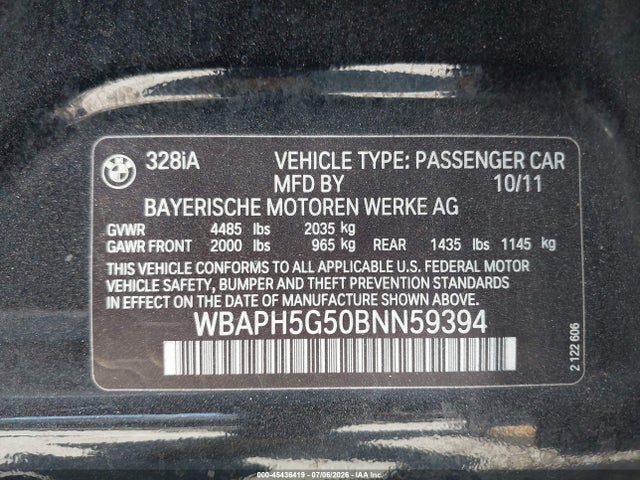 Aukcja sprzedaży 2011 Bmw 328i, vin: WBAPH5G50BNN59394, numer aukcji: 45436419