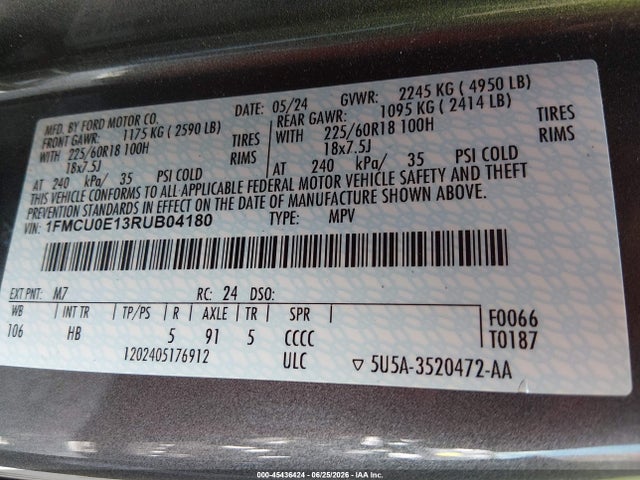 Auction sale of the 2024 Ford Escape Phev, vin: 1FMCU0E13RUB04180, lot number: 45436424