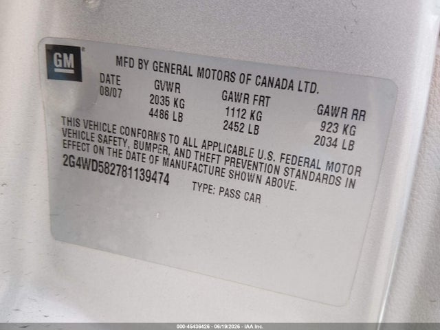 2008 Buick Lacrosse Cxl მანქანა იყიდება აუქციონზე, vin: 2G4WD582781139474, აუქციონის ნომერი: 45436426