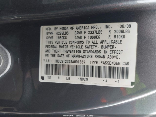 Aukcja sprzedaży 2009 Honda Accord 2.4 Lx-s, vin: 1HGCS12329A001857, numer aukcji: 45436457
