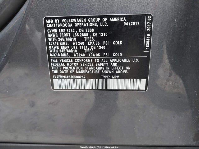 1V2ER2CA6JC503252 Volkswagen Atlas 3.6l V6 Sel