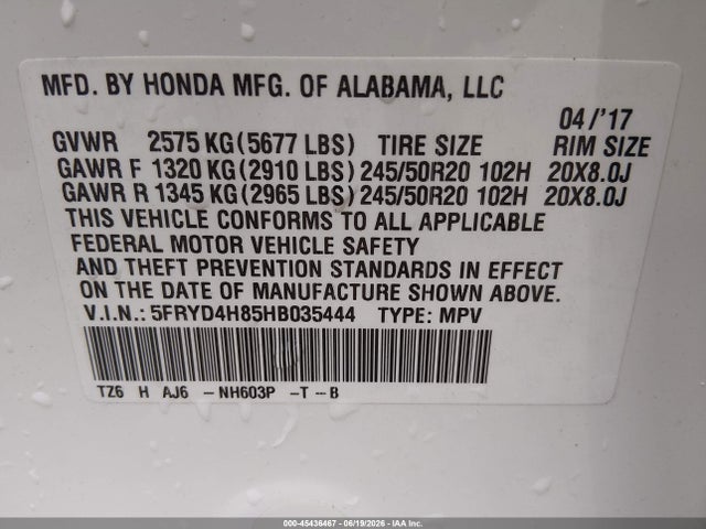 Aukcja sprzedaży 2017 Acura Mdx Advance Package, vin: 5FRYD4H85HB035444, numer aukcji: 45436467