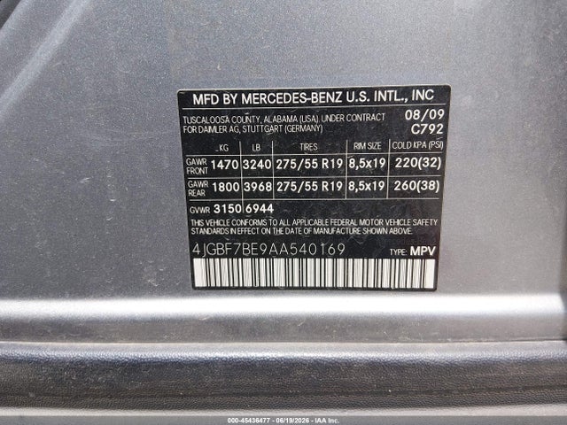 45436477 :رقم المزاد ، 4JGBF7BE9AA540169 vin ، 2010 Mercedes-benz Gl 450 4matic مزاد بيع