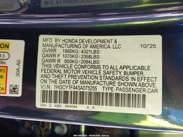 1HGCY1F44SA075255 Honda ACCORD SE