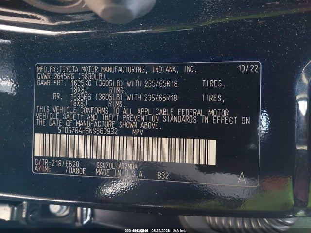 5TDGZRAH6NS560932 Toyota Highlander Xle