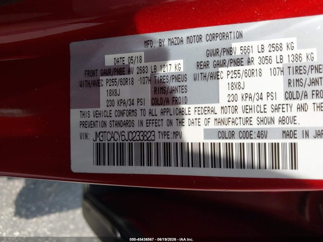 2018 Mazda Cx-9 Touring მანქანა იყიდება აუქციონზე, vin: JM3TCACY6J0233823, აუქციონის ნომერი: 45436567
