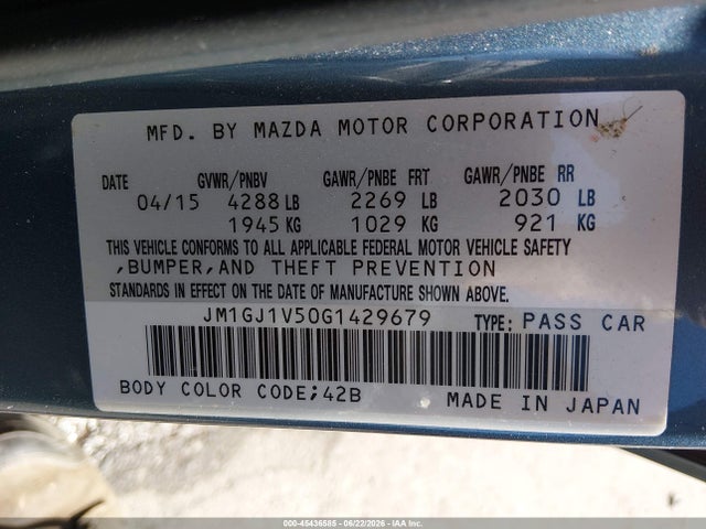 2016 Mazda Mazda6 I Touring მანქანა იყიდება აუქციონზე, vin: JM1GJ1V50G1429679, აუქციონის ნომერი: 45436585