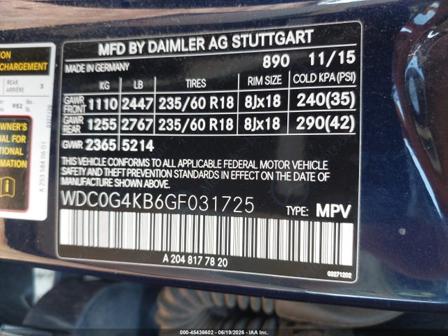 45436602 :رقم المزاد ، WDC0G4KB6GF031725 vin ، 2016 Mercedes-benz Glc 300 4matic مزاد بيع