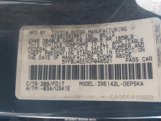 45436615 :رقم المزاد ، 5YFBU4EEXCP046521 vin ، 2012 Toyota Corolla S مزاد بيع
