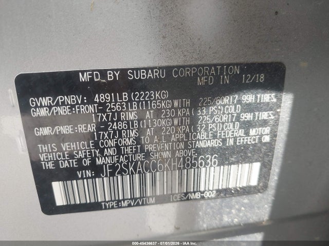 Продажа на аукционе авто 2019 Subaru Forester, vin: JF2SKACC6KH485636, номер лота: 45436637